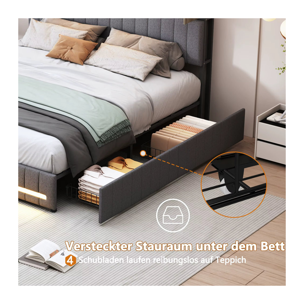 HOFURNI Funktionsbett als Stauraumbett mit LED-Kopfteil und RGB-Beleuchtung, graues Leinen, B/T: 140 x 200 cm - Bild 3