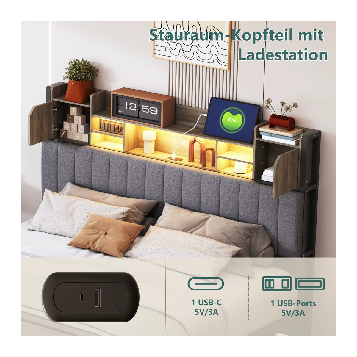 HOFURNI Funktionsbett als Stauraumbett mit LED-Kopfteil und RGB-Beleuchtung, graues Leinen, B/T: 140 x 200 cm - Bild 4