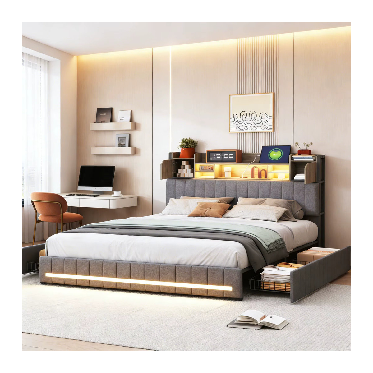 HOFURNI Funktionsbett als Stauraumbett mit LED-Kopfteil und RGB-Beleuchtung, graues Leinen, B/T: 140 x 200 cm - Bild 5