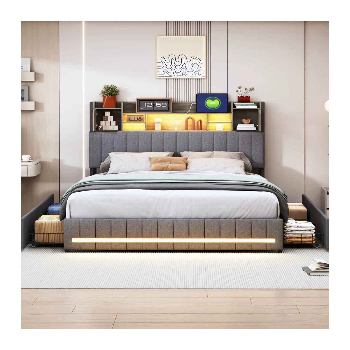 HOFURNI Funktionsbett als Stauraumbett mit LED-Kopfteil und RGB-Beleuchtung, graues Leinen, B/T: 140 x 200 cm - Bild 6