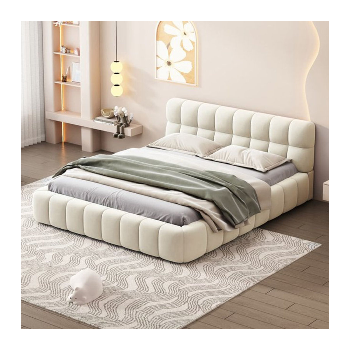 HOFURNI Polsterbett Doppelbett in Beige mit LED Kopfteil und Matratzenfixierung aus Leinenstoff, B/T/H: 140 x 200 cm - Bild 1