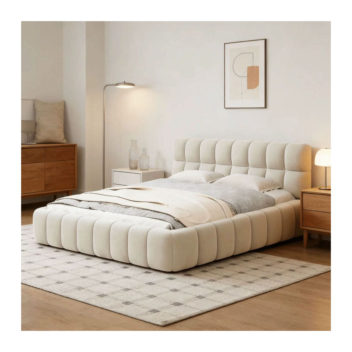 HOFURNI Polsterbett Doppelbett in Beige mit LED Kopfteil und Matratzenfixierung aus Leinenstoff, B/T/H: 140 x 200 cm - Bild 3