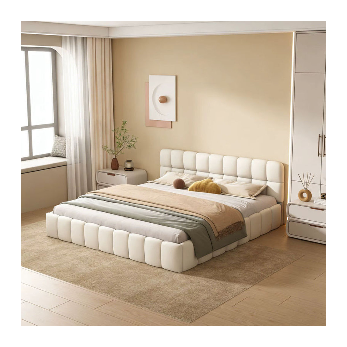 HOFURNI Polsterbett Doppelbett in Beige mit LED Kopfteil und Matratzenfixierung aus Leinenstoff, B/T/H: 140 x 200 cm - Bild 5