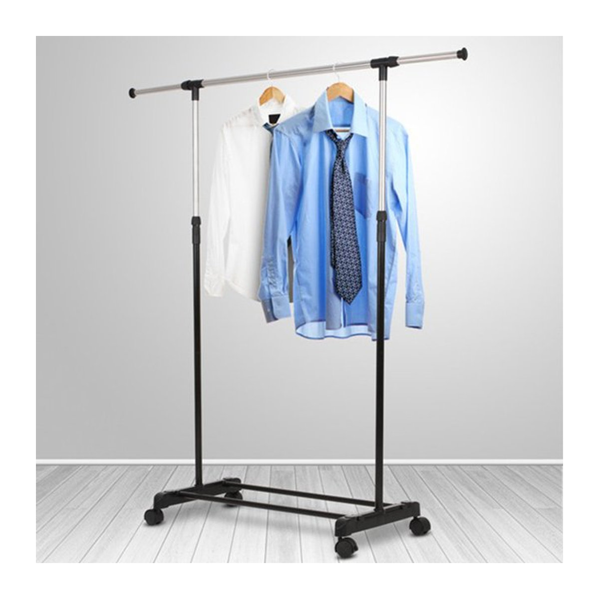 Höhen- und breitenverstellbarer mobiler Kleiderschrank aus Stahl mit 4 Rollen in Schwarz, B: 77 cm, T: 145 cm, H: 158 cm - Bild 1