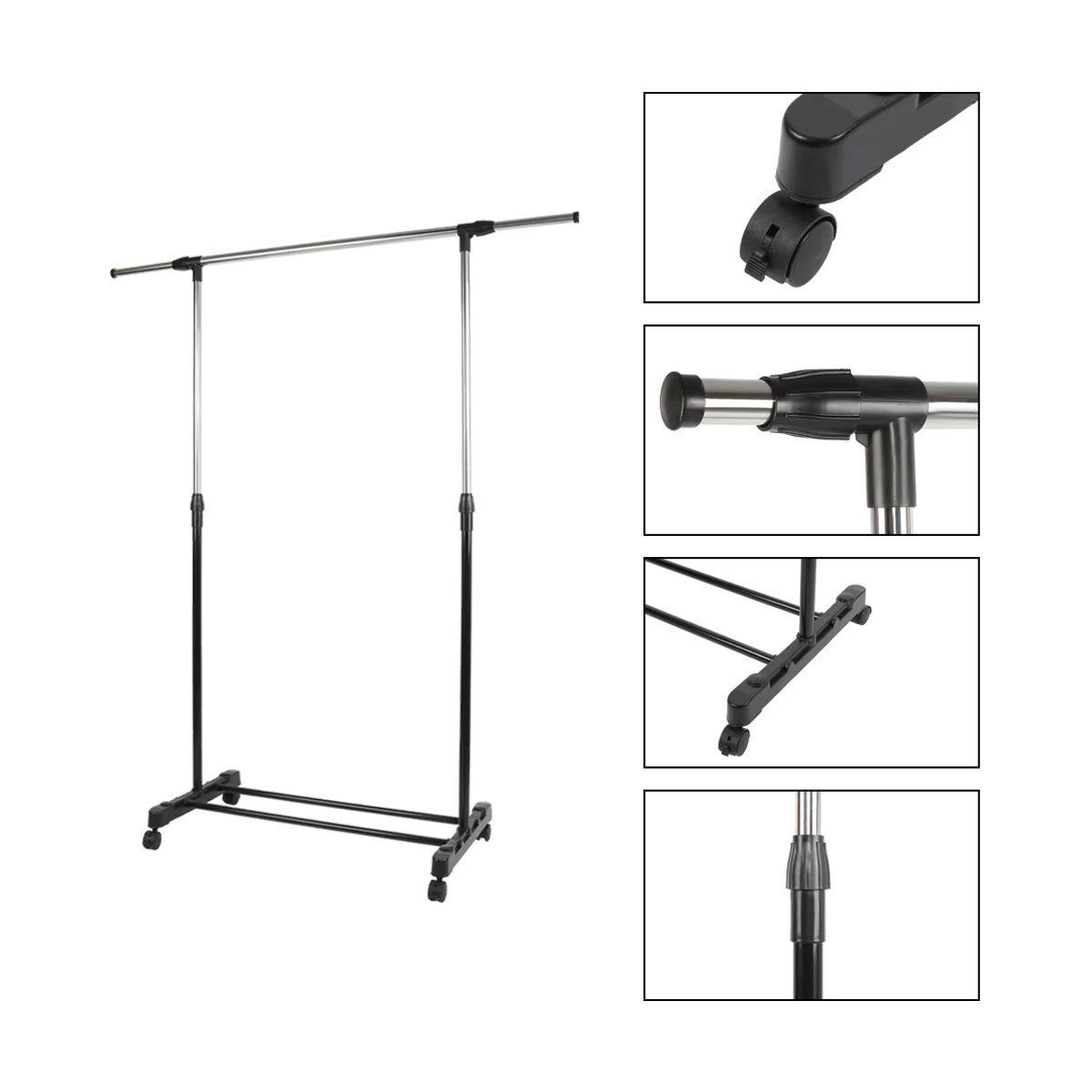 Höhen- und breitenverstellbarer mobiler Kleiderschrank aus Stahl mit 4 Rollen in Schwarz, B: 77 cm, T: 145 cm, H: 158 cm - Bild 2