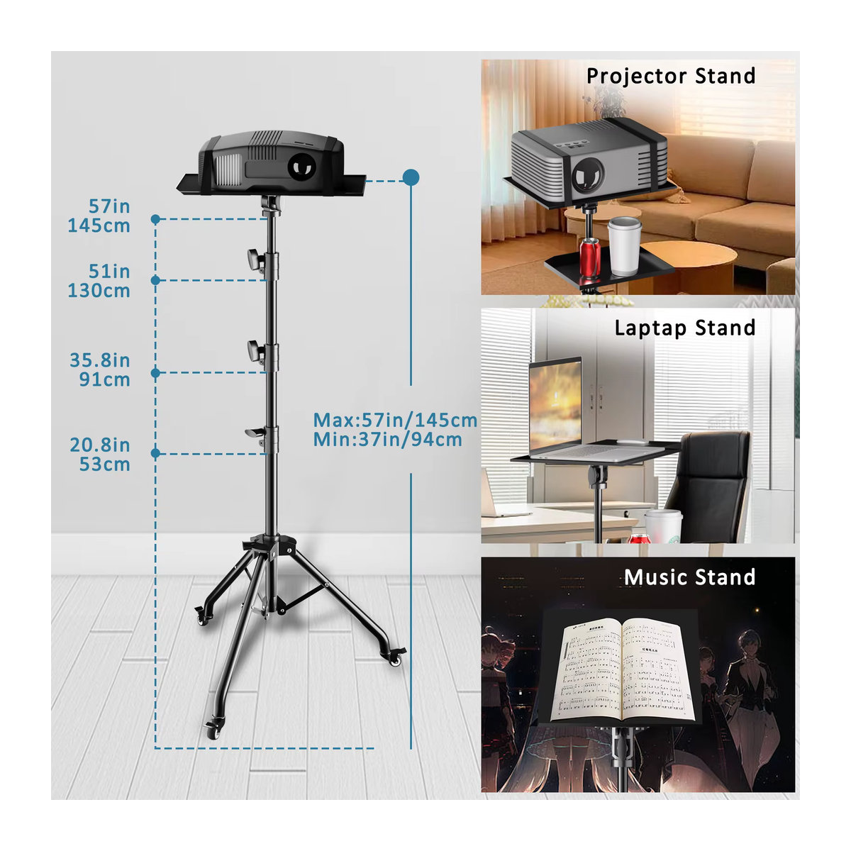 Höhenverstellbares Projektor-Stativ und Laptop-Stativ von SH in Schwarz für 23 bis 63 Zoll, Höhe: 145 cm - Bild 2