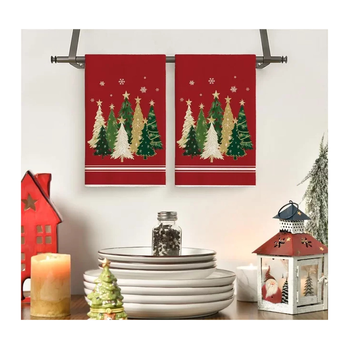 Holiday Home Essentials Set mit 2 roten Weihnachtsbaum-Küchentüchern, saugfähig, B: 40 cm, T: 60 cm - Bild 1