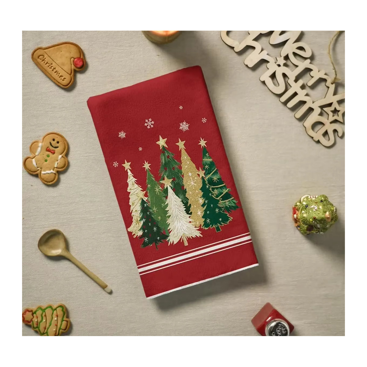 Holiday Home Essentials Set mit 2 roten Weihnachtsbaum-Küchentüchern, saugfähig, B: 40 cm, T: 60 cm - Bild 5