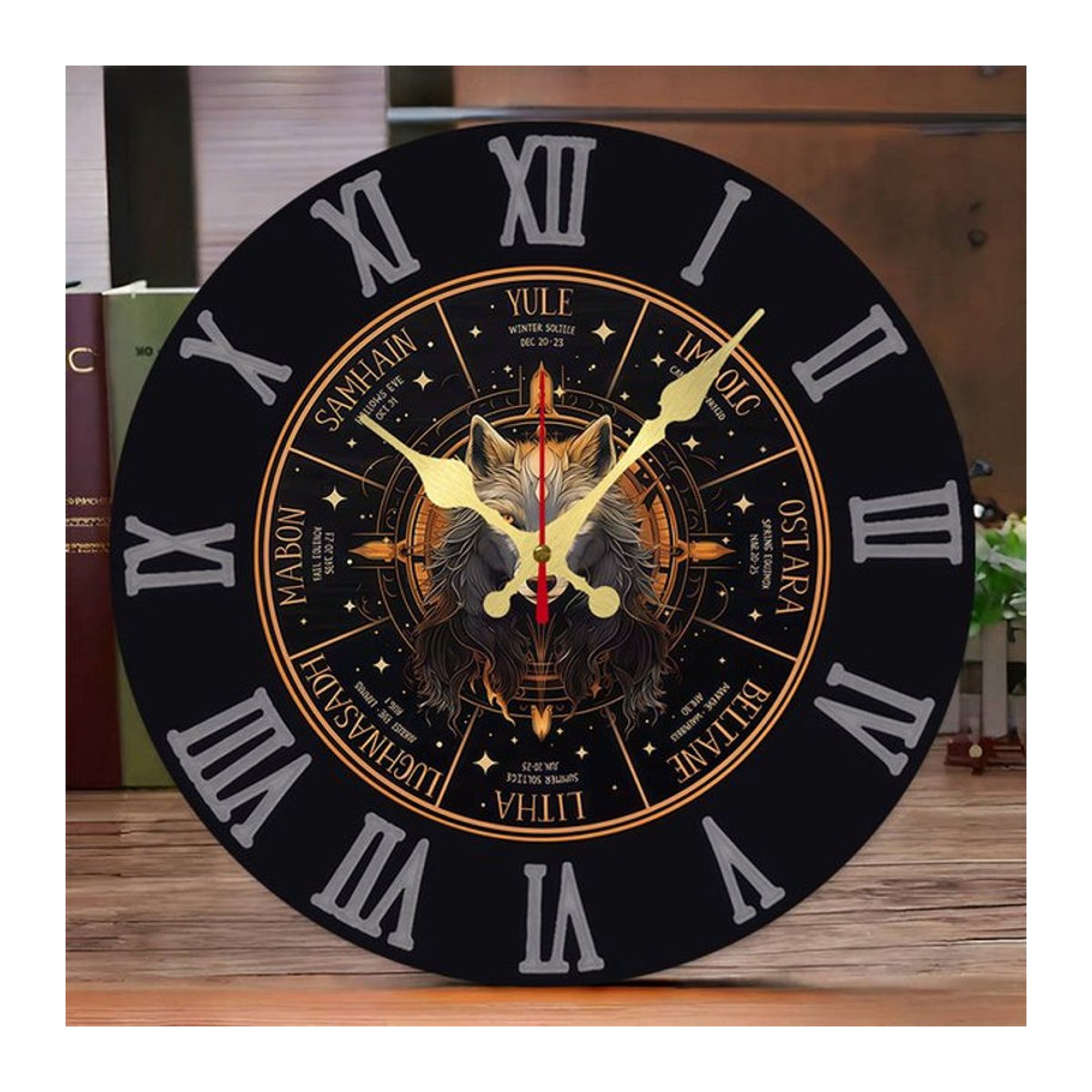 Holy Wolf King Wanduhr aus Holz, rund, analog, geräuschlos, schwarz, Vintage Design - Bild 1