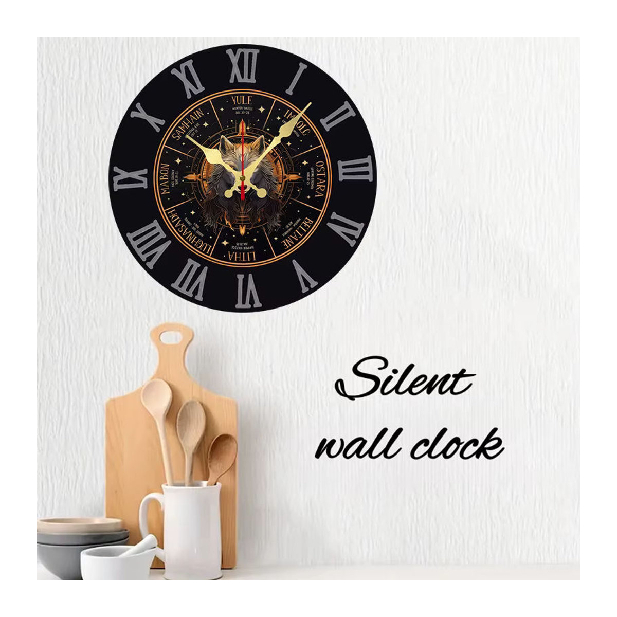 Holy Wolf King Wanduhr aus Holz, rund, analog, geräuschlos, schwarz, Vintage Design - Bild 3