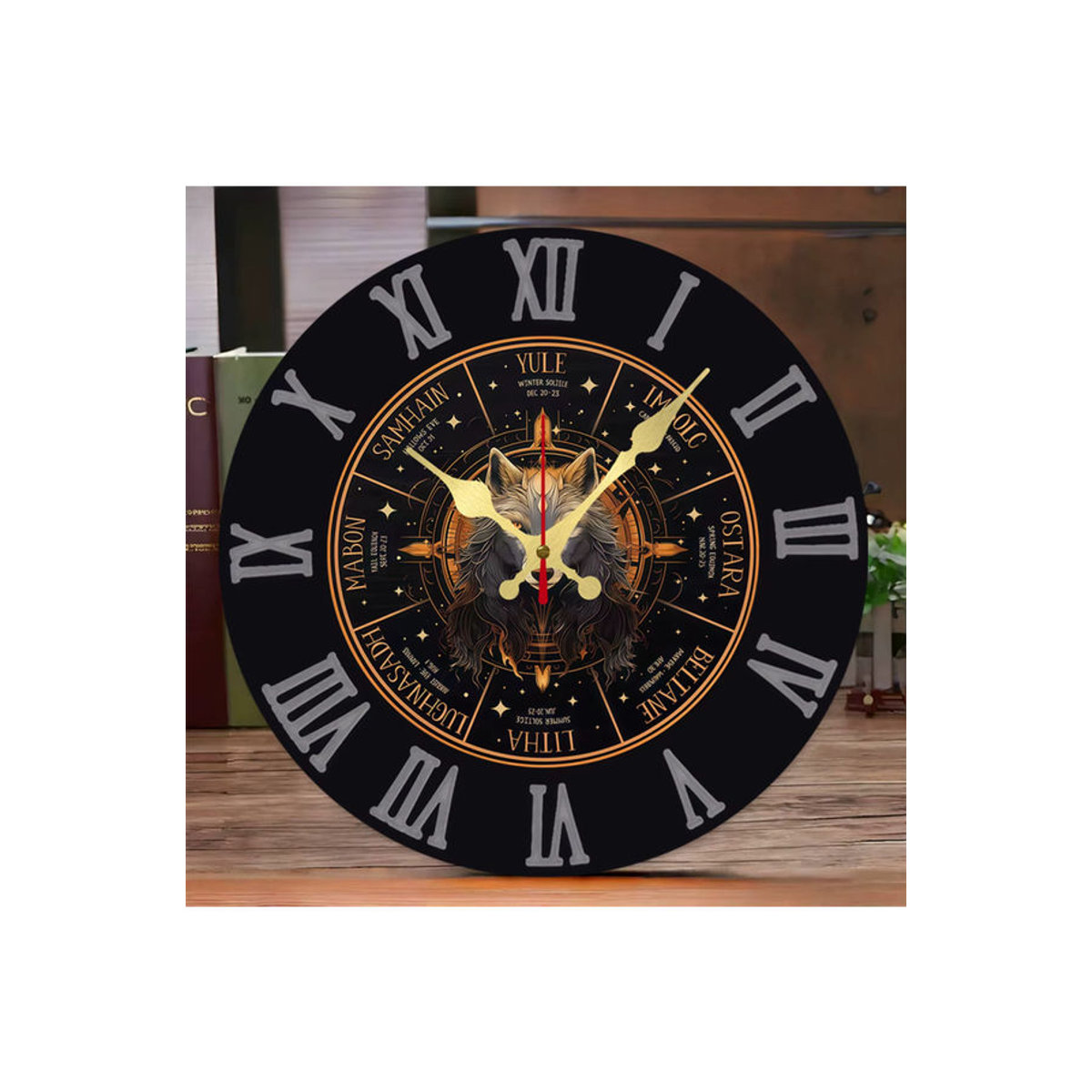 Holy Wolf King Wanduhr aus Holz, rund, analog, geräuschlos, schwarz, Vintage Design - Bild 7