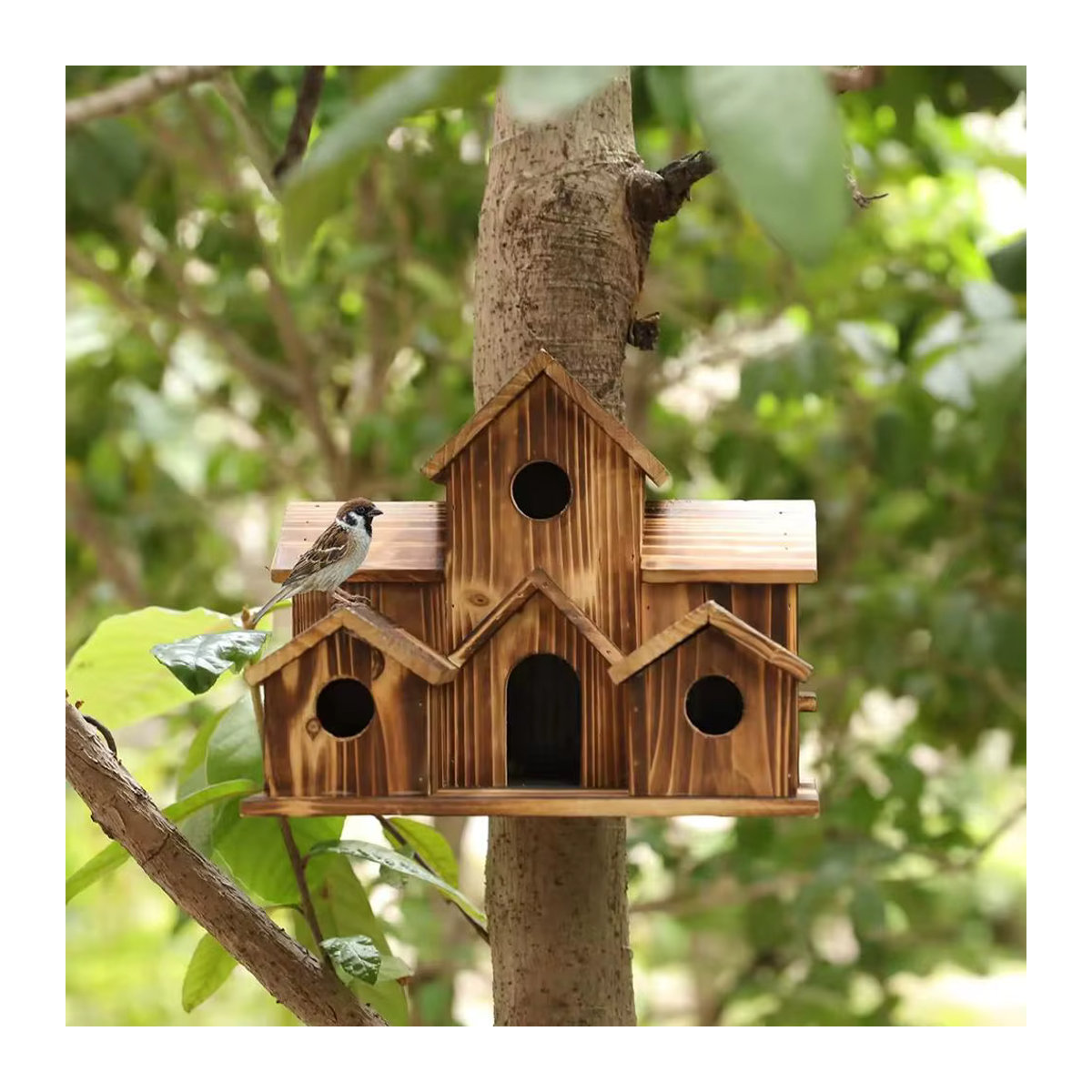 Holz Vogelhaus für den Garten mit 5 Nistlöchern in Braun für Finken und Blaumeisen - Bild 5