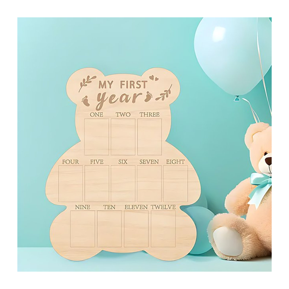 Holzbär Frühjahr Meilenstein Fotorahmen aus Holz in Braun und Beige als skandinavische Tischdekoration für Geburtstage oder Baby-Anlässe - Bild 1