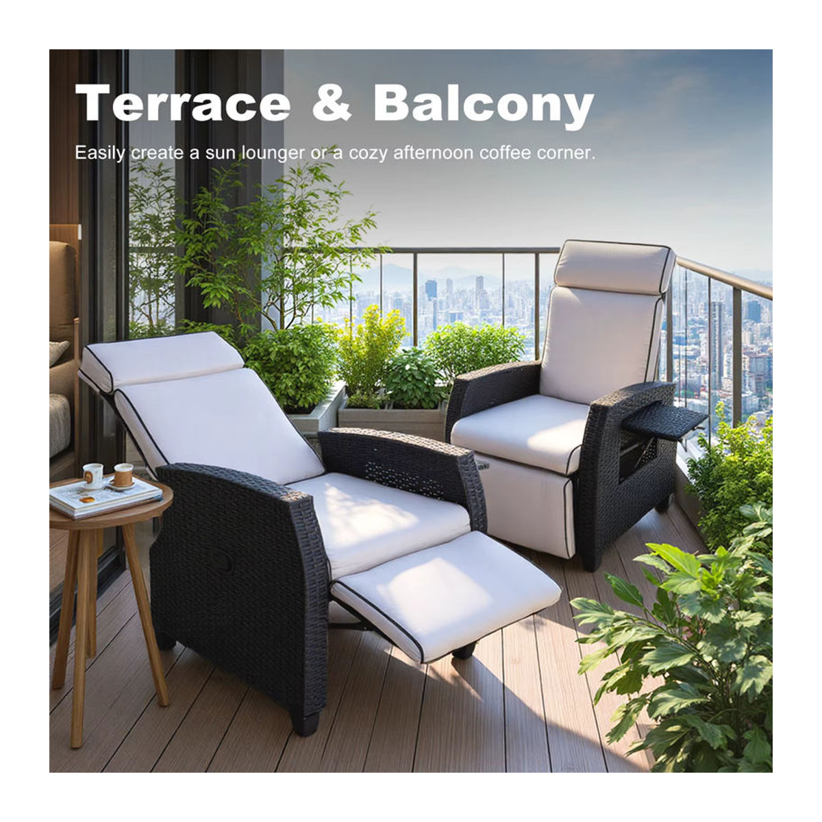 HOMAVO Gartensessel aus Rattan mit verstellbarer Rückenlehne und Seitentisch in Schwarz oder Weiß, modern und wetterfest - Bild 2