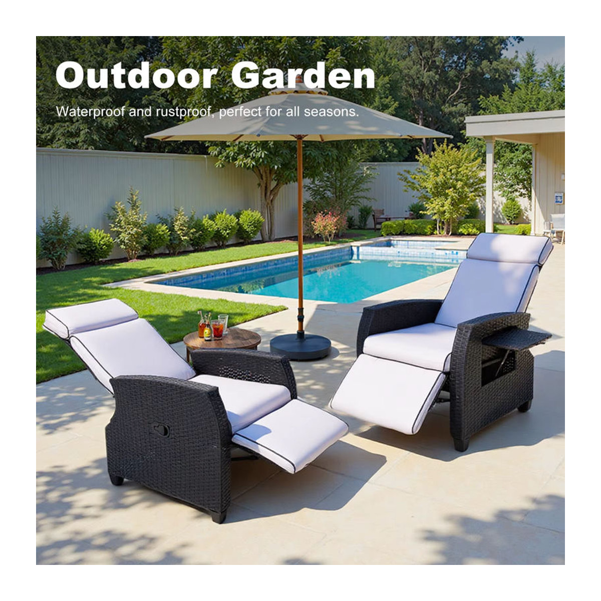 HOMAVO Gartensessel aus Rattan mit verstellbarer Rückenlehne und Seitentisch in Schwarz oder Weiß, modern und wetterfest - Bild 3