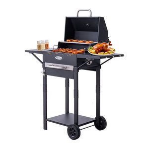 HOMAVO Holzkohlegrill in Schwarz mit emailliertem Grillrost, Warmhalterost, Thermometer, Kamin, Seitentisch und Rollen