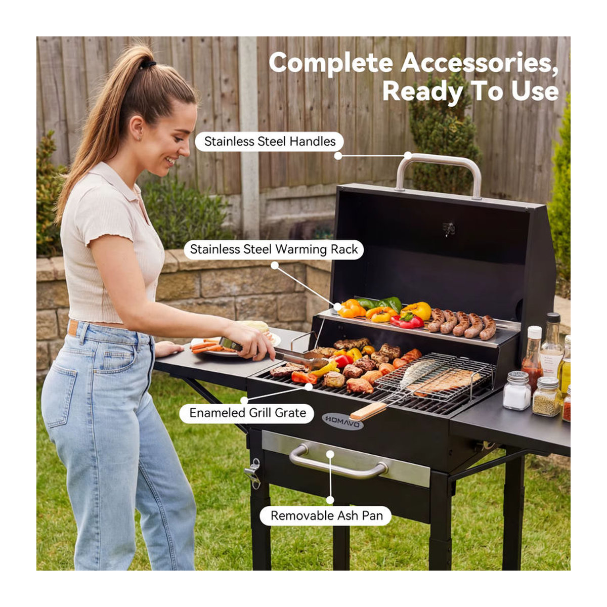 HOMAVO Holzkohlegrill in Schwarz mit emailliertem Grillrost, Warmhalterost, Thermometer, Kamin, Seitentisch und Rollen - Bild 2
