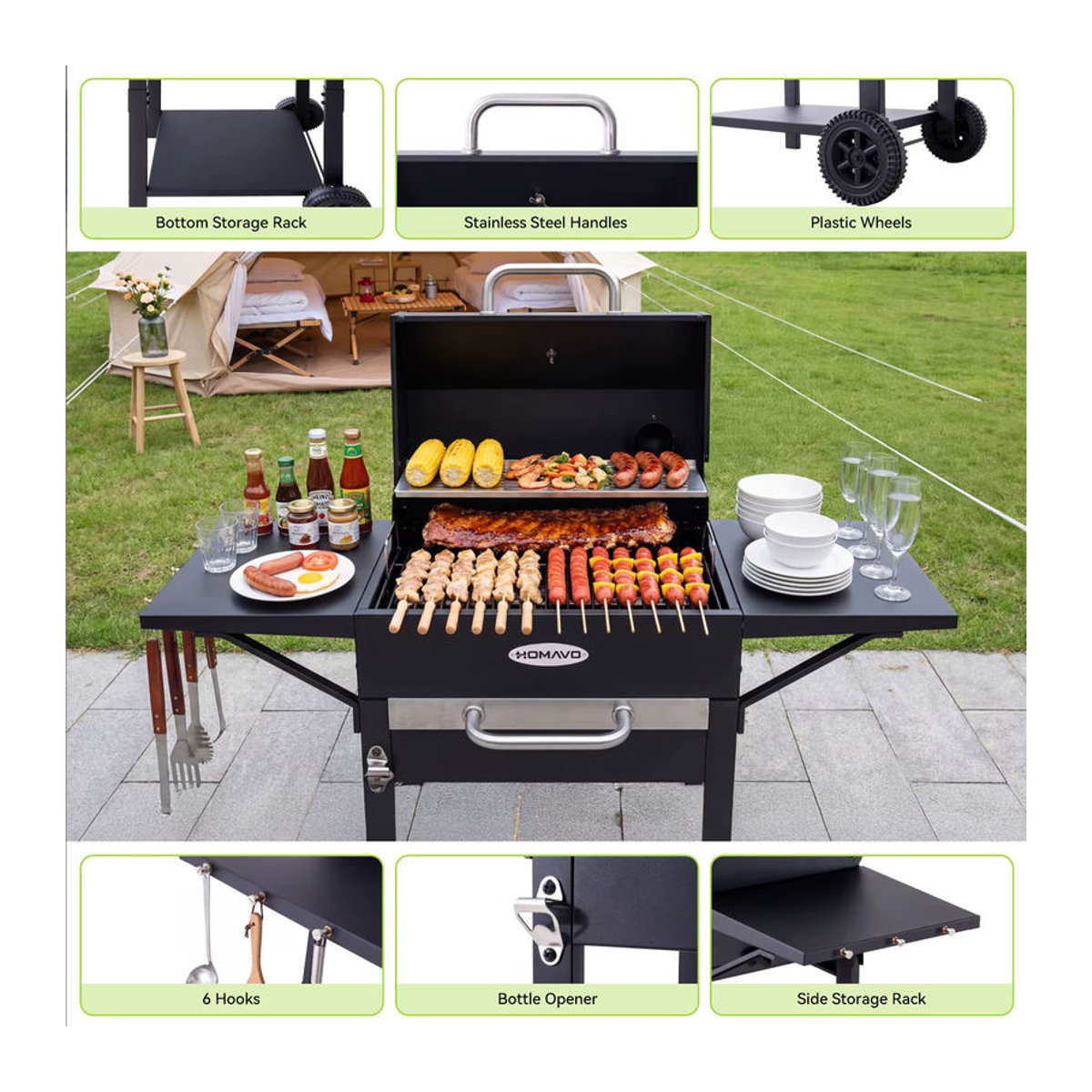 HOMAVO Holzkohlegrill in Schwarz mit emailliertem Grillrost, Warmhalterost, Thermometer, Kamin, Seitentisch und Rollen - Bild 3