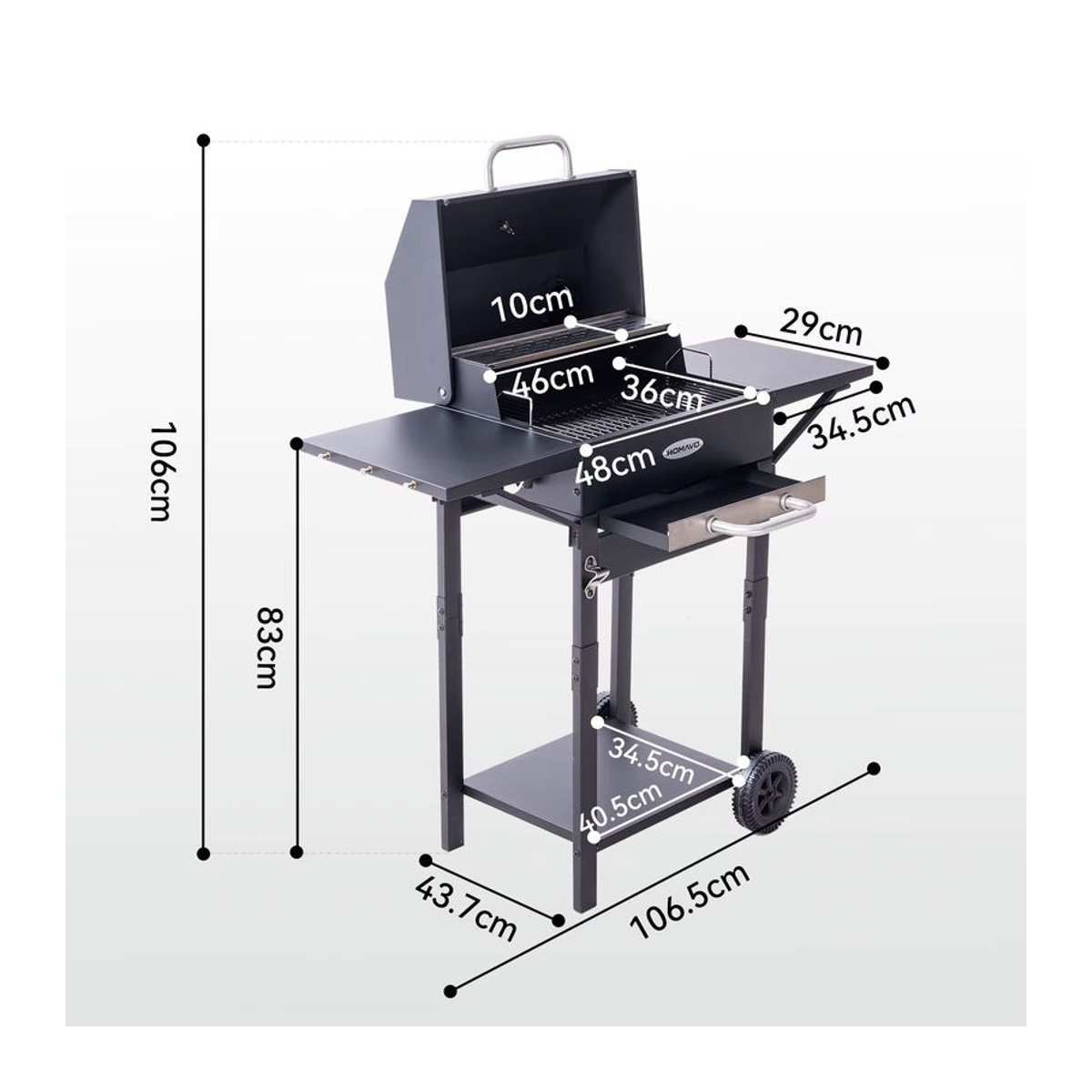 HOMAVO Holzkohlegrill in Schwarz mit emailliertem Grillrost, Warmhalterost, Thermometer, Kamin, Seitentisch und Rollen - Bild 5
