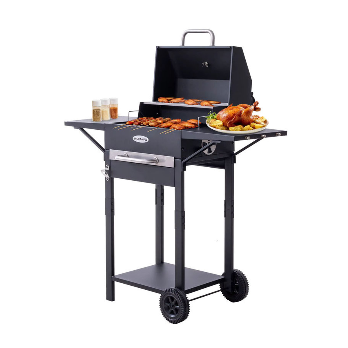HOMAVO Holzkohlegrill in Schwarz mit emailliertem Grillrost, Warmhalterost, Thermometer, Kamin, Seitentisch und Rollen - Bild 6