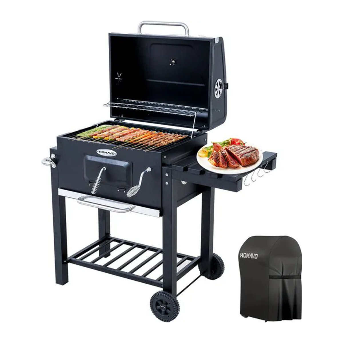 HOMAVO Holzkohlegrill mit Deckel in Schwarz mit höhenverstellbarer Kohlenwanne und faltbarem Seitentisch, Grillfläche: B: 56 cm, T: 42,5 cm - Bild 1