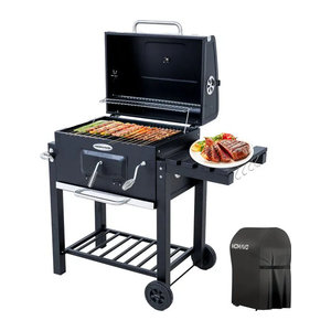 HOMAVO Holzkohlegrill mit Deckel in Schwarz mit höhenverstellbarer Kohlenwanne und faltbarem Seitentisch, Grillfläche: B: 56 cm, T: 42,5 cm