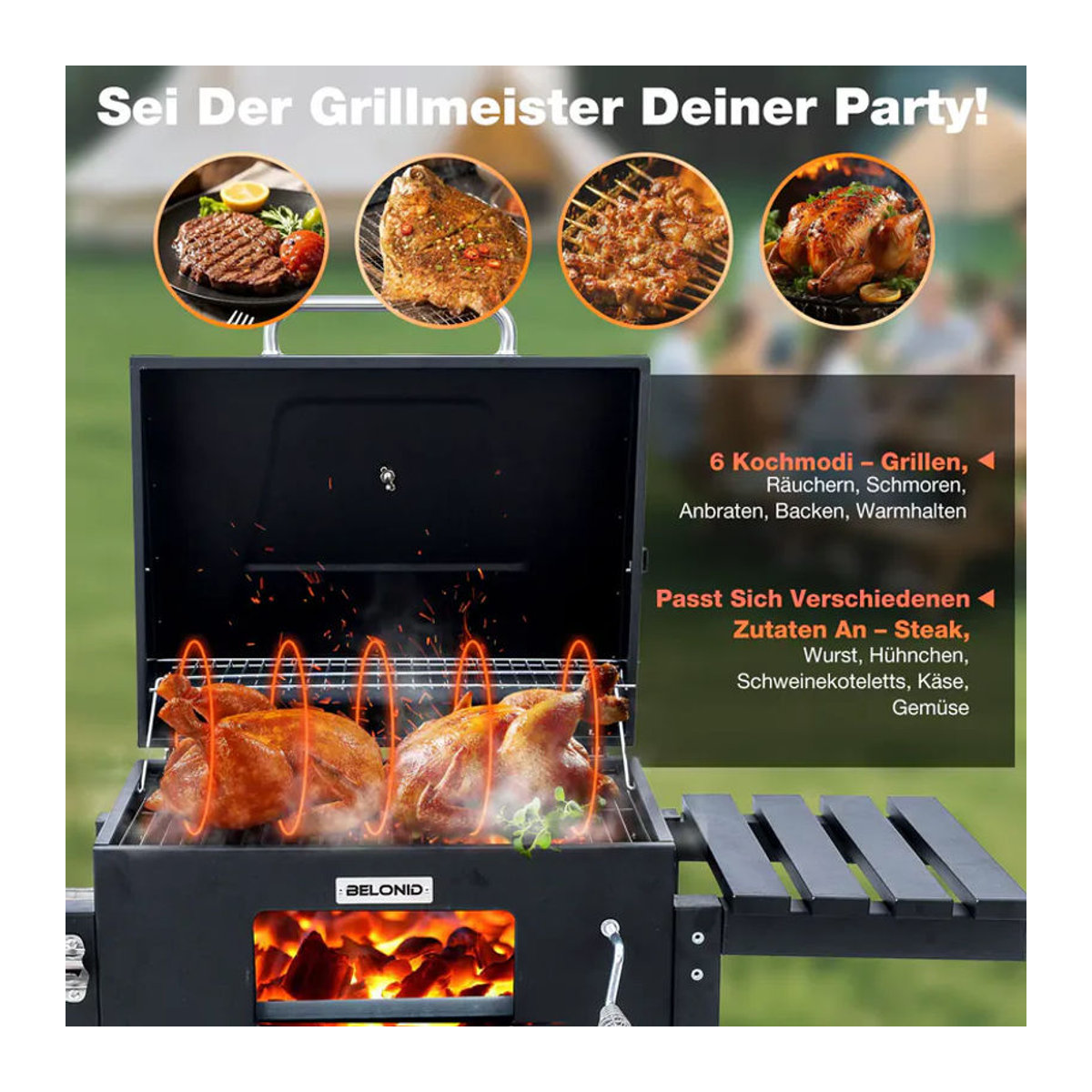 HOMAVO Holzkohlegrill mit Deckel in Schwarz mit höhenverstellbarer Kohlenwanne und faltbarem Seitentisch, Grillfläche: B: 56 cm, T: 42,5 cm - Bild 2