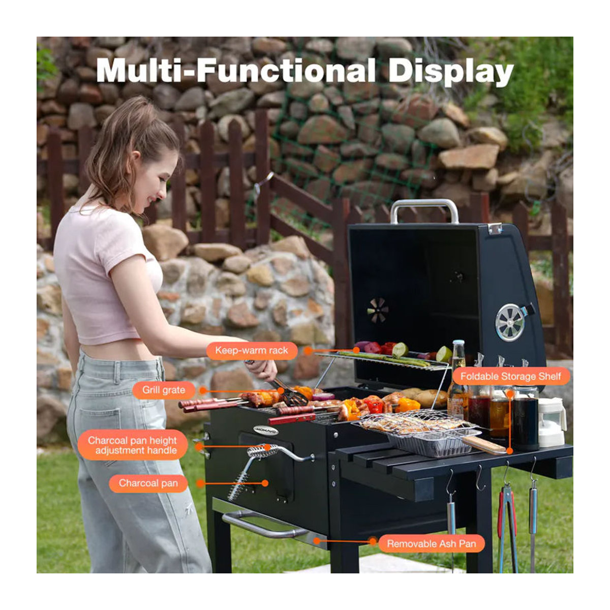 HOMAVO Holzkohlegrill mit Deckel in Schwarz mit höhenverstellbarer Kohlenwanne und faltbarem Seitentisch, Grillfläche: B: 56 cm, T: 42,5 cm - Bild 3