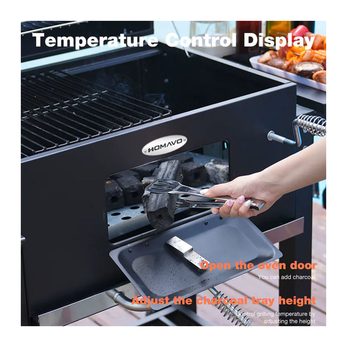 HOMAVO Holzkohlegrill mit Deckel in Schwarz mit höhenverstellbarer Kohlenwanne und faltbarem Seitentisch, Grillfläche: B: 56 cm, T: 42,5 cm - Bild 4