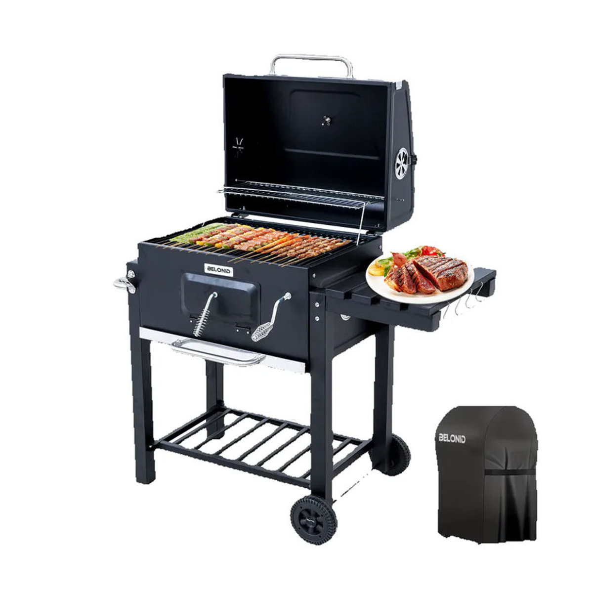 HOMAVO Holzkohlegrill mit Deckel in Schwarz mit höhenverstellbarer Kohlenwanne und faltbarem Seitentisch, Grillfläche: B: 56 cm, T: 42,5 cm - Bild 5