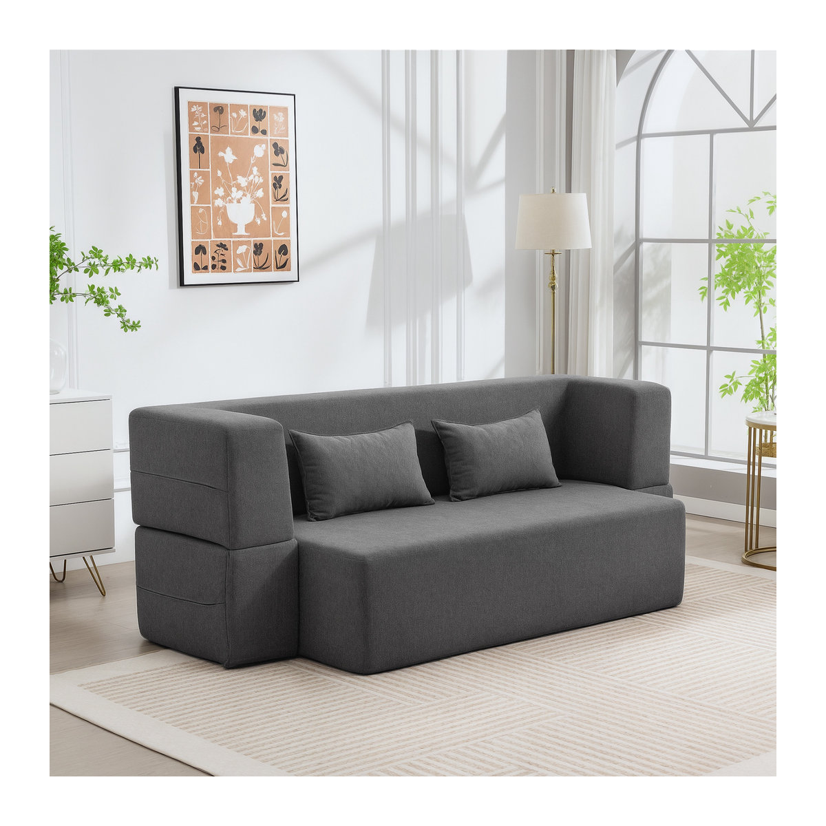 HOMCOM 2-Sitzer Schlafsofa aus weichem Chenille in Grau mit 2 Kissen und hochdichtem Schaumstoff - Bild 2