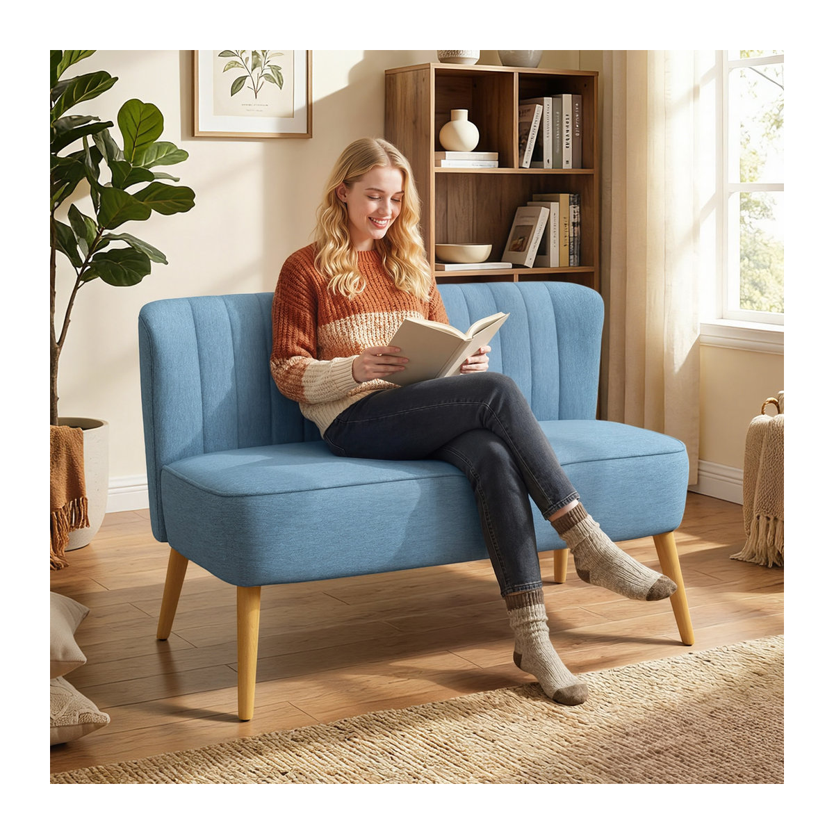 HOMCOM 2-Sitzer Sofa Modernes Polstersofa in Leinen-Optik mit Massivholz, Blau, B: 117 cm, T: 56,5 cm, H: 77 cm - Bild 2