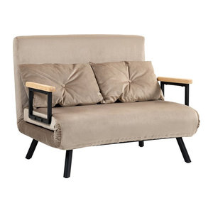 HOMCOM 2er Schlafsofa in Samtoptik mit verstellbarer Rückenlehne und Wurfkissen, Beige/Braun, B/T/H: 102 x 73 x 81 cm