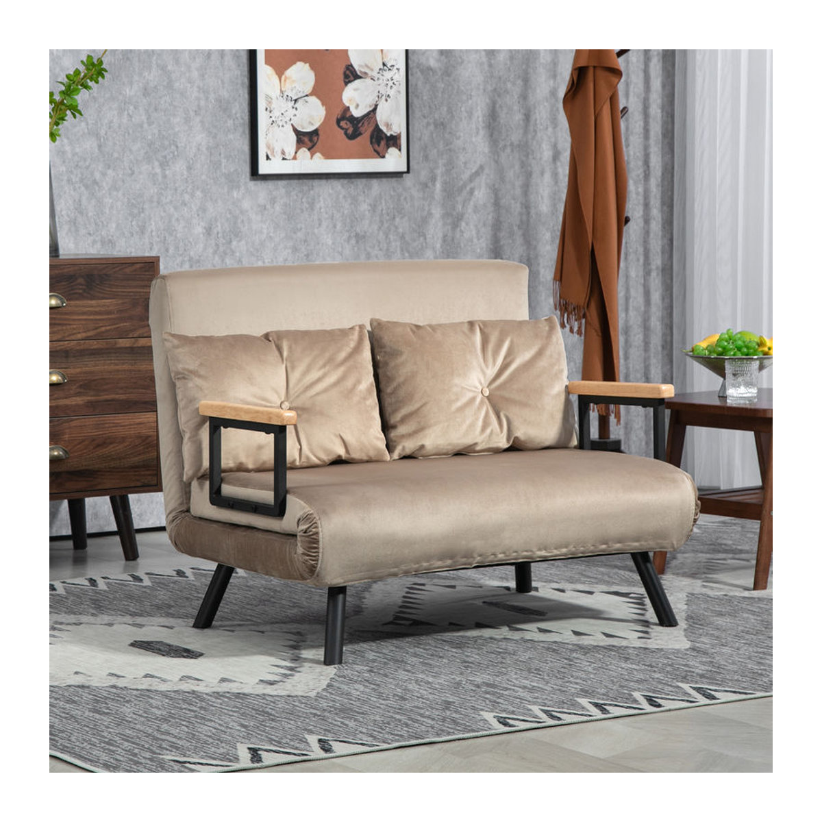 HOMCOM 2er Schlafsofa in Samtoptik mit verstellbarer Rückenlehne und Wurfkissen, Beige/Braun, B/T/H: 102 x 73 x 81 cm - Bild 2