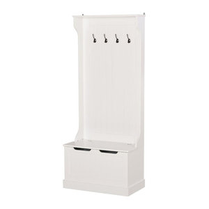 HOMCOM 3 in 1 Garderobenständer mit Aufbewahrungsbank und 4 Haken, Modernes Holz-Möbel für Flur und Schlafzimmer, Weiß, B/T/H: 71,5 x 39,5 x 170 cm