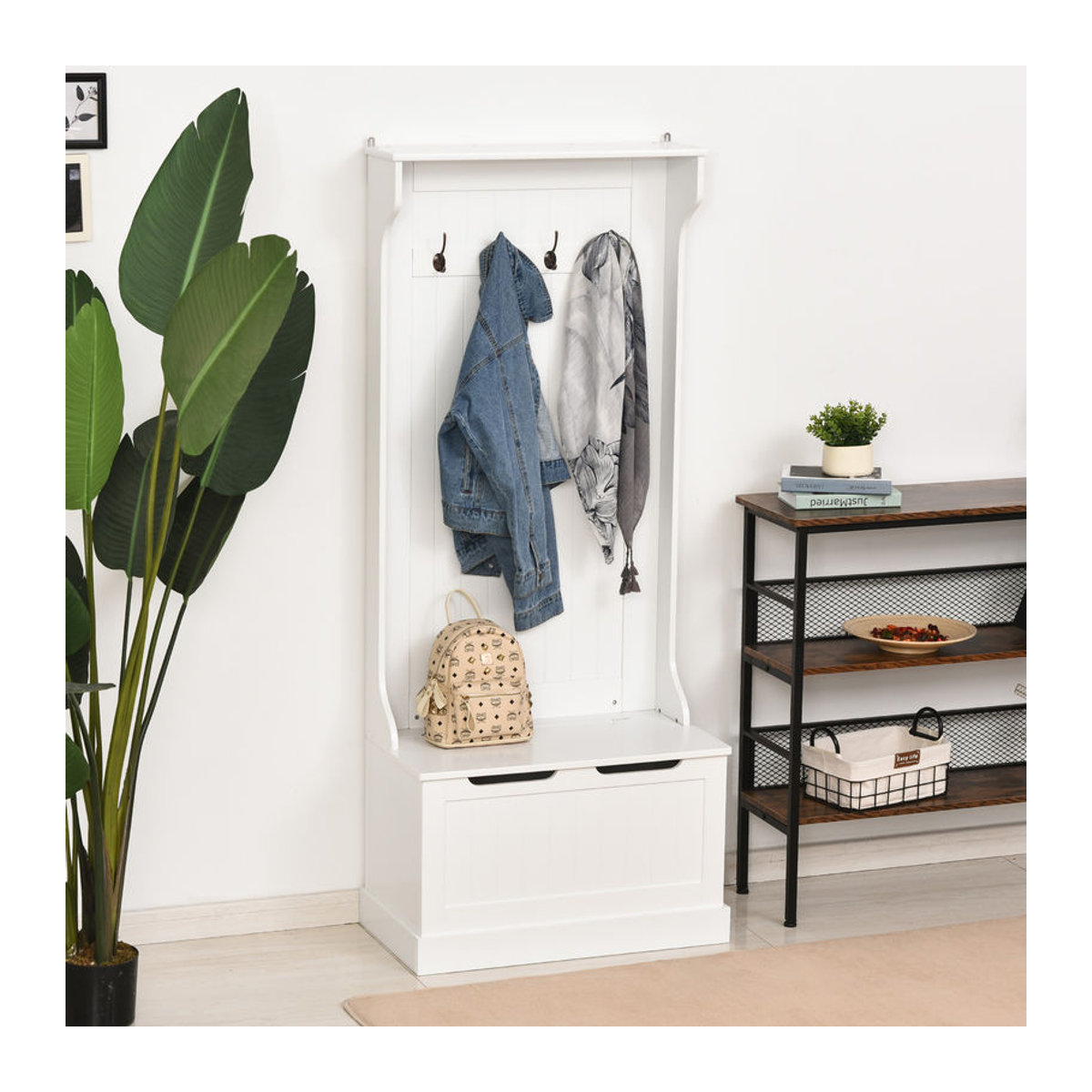 HOMCOM 3 in 1 Garderobenständer mit Aufbewahrungsbank und 4 Haken, Modernes Holz-Möbel für Flur und Schlafzimmer, Weiß, B/T/H: 71,5 x 39,5 x 170 cm - Bild 2