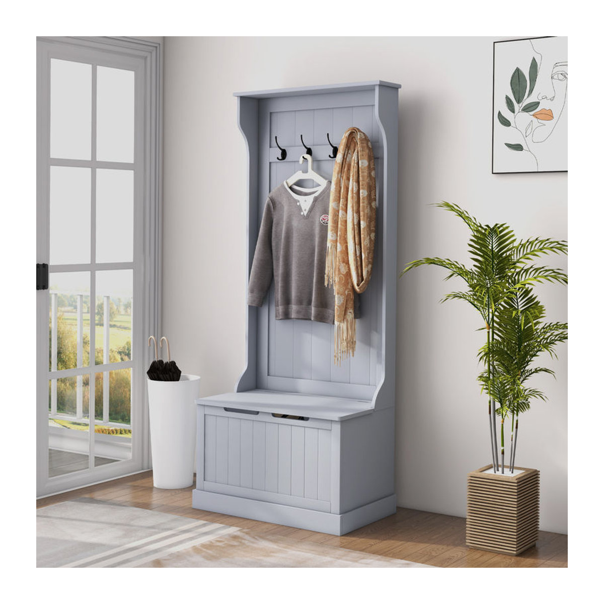 HOMCOM 3-in-1 Garderobenständer mit Schuhbank und 4 Haken, platzsparende Bodengarderobe aus MDF für Flur und Schlafzimmer, Grau, B/T/H: 71,5 x 39,5 x 170 cm - Bild 2
