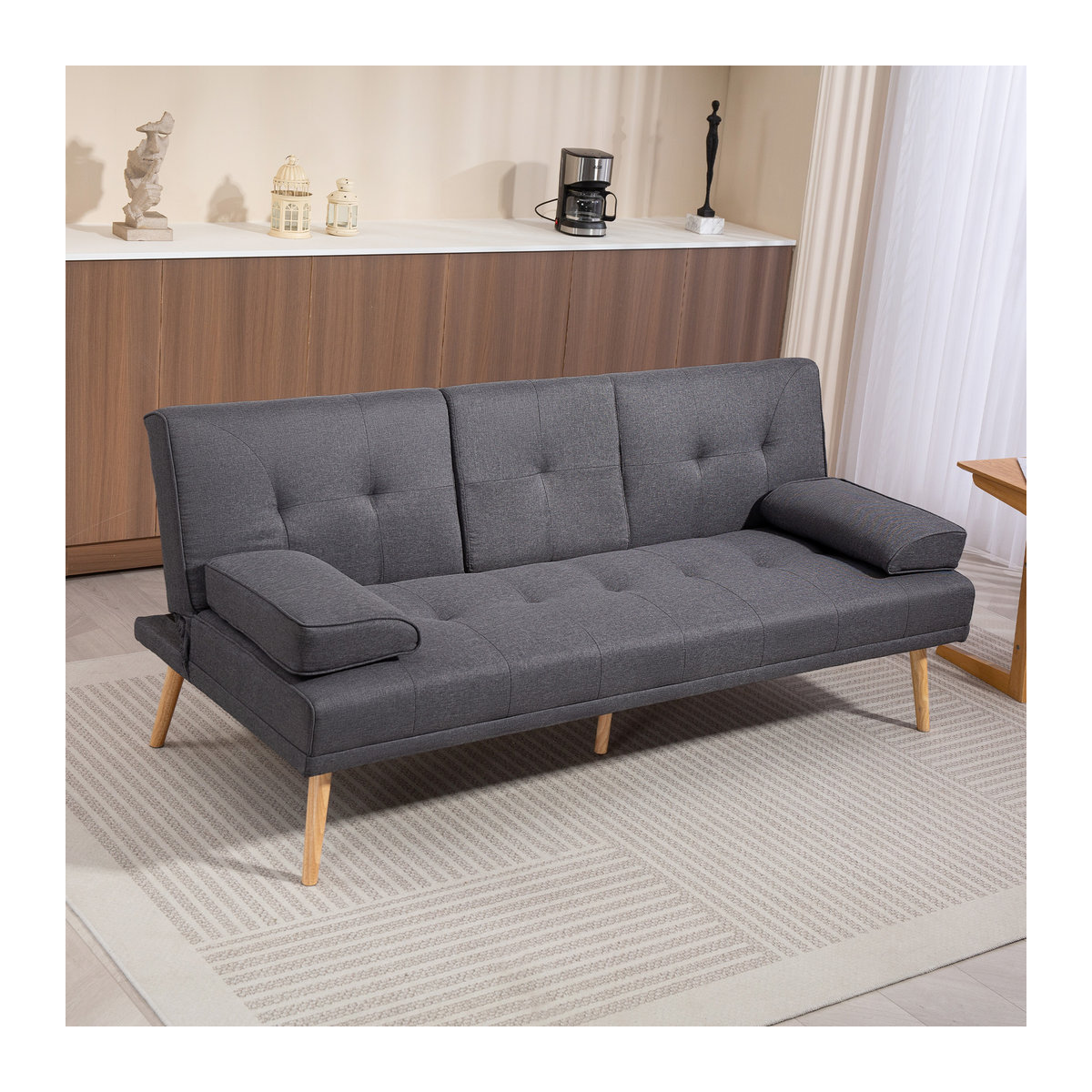 HOMCOM 3-Sitzer Schlafsofa im Skandi-Design mit Becherhalter und verstellbarer Rückenlehne, Grau, B/T/H: 181 x 95,5 x 72 cm - Bild 2