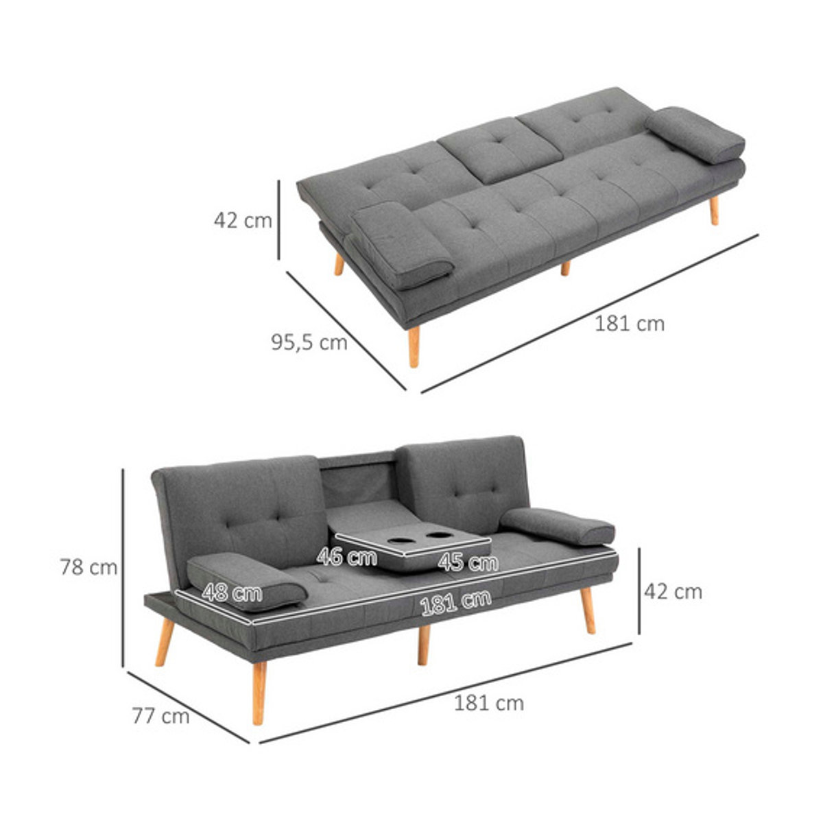 HOMCOM 3-Sitzer Schlafsofa im Skandi-Design mit Becherhalter und verstellbarer Rückenlehne, Grau, B/T/H: 181 x 95,5 x 72 cm - Bild 4