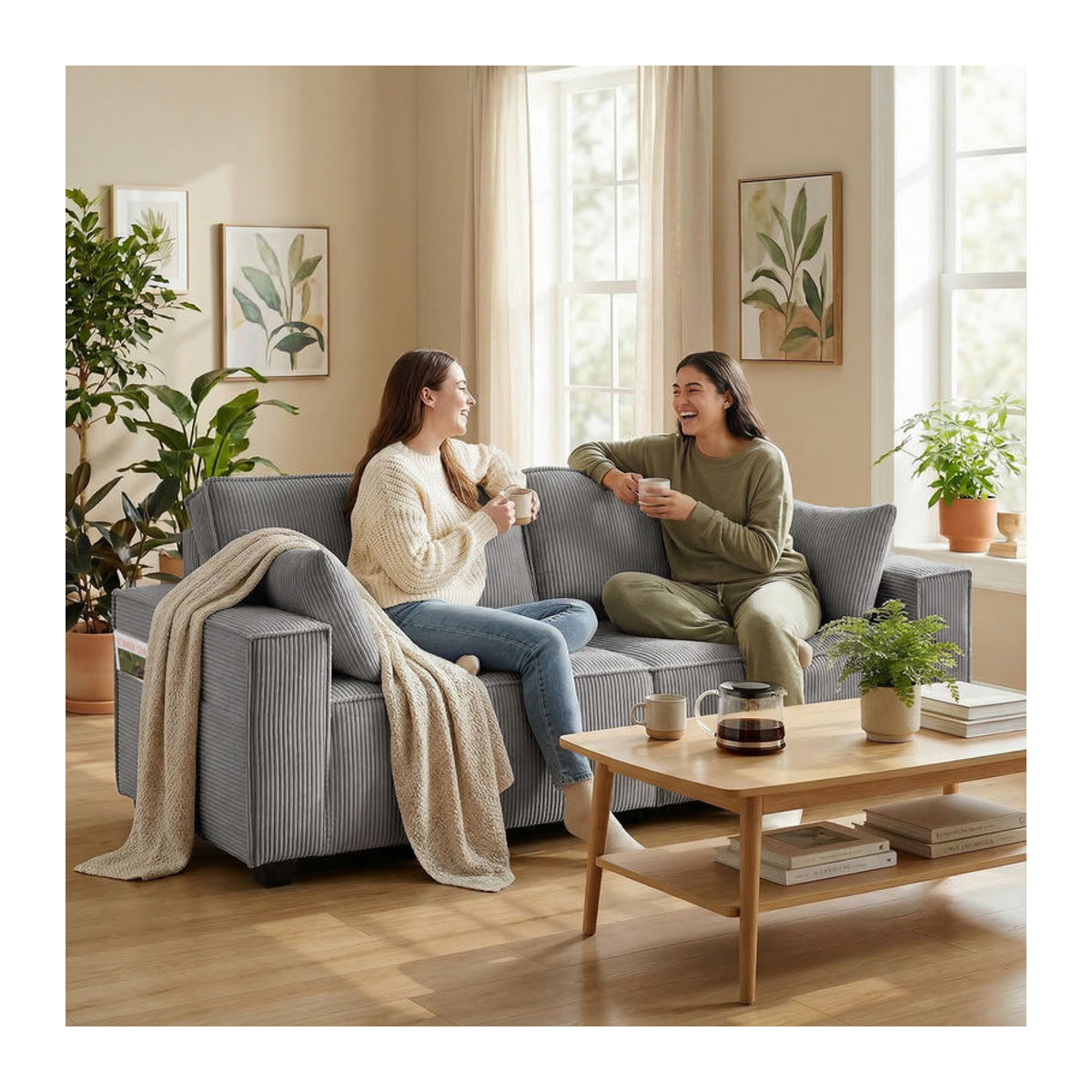 HOMCOM 3-Sitzer Sofa in Cord-Optik mit 2 Kissen, modernes Polstersofa für Wohnzimmer und Schlafzimmer, Grau, Breite: 217 cm - Bild 2