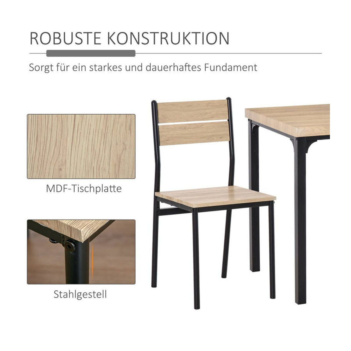 HOMCOM 3-teilige Essgruppe im Industrial Design mit Esstisch und 2 Stühlen, Natur und Schwarz, B/H/T: 70 x 76 x 70 cm - Bild 5
