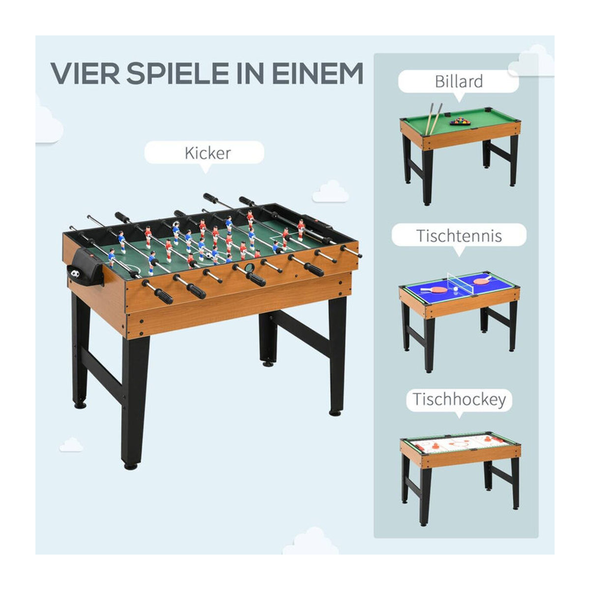 HOMCOM 4 in 1 Multigame Spieltisch mit Tischtennis, Kicker, Billard und Tischhockey, Naturholz und Schwarz, B/H/L: 61 x 84,5 x 107 cm - Bild 2