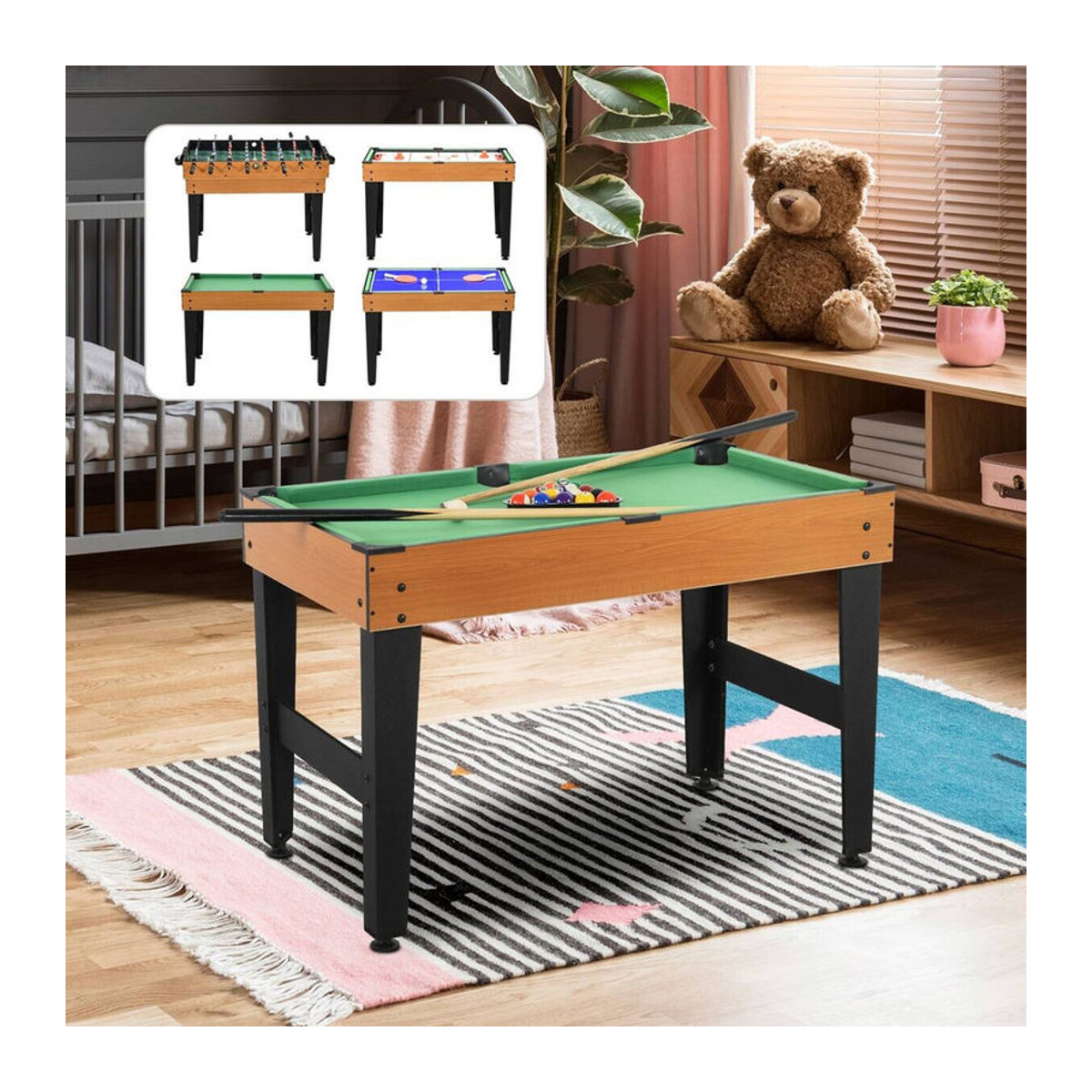 HOMCOM 4 in 1 Multigame Spieltisch mit Tischtennis, Kicker, Billard und Tischhockey, Naturholz und Schwarz, B/H/L: 61 x 84,5 x 107 cm - Bild 4