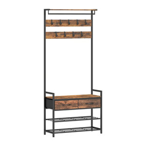 HOMCOM 5-in-1 Garderobenständer mit Schuhbank und Schuhregal im Industrial Design, Braun/Schwarz