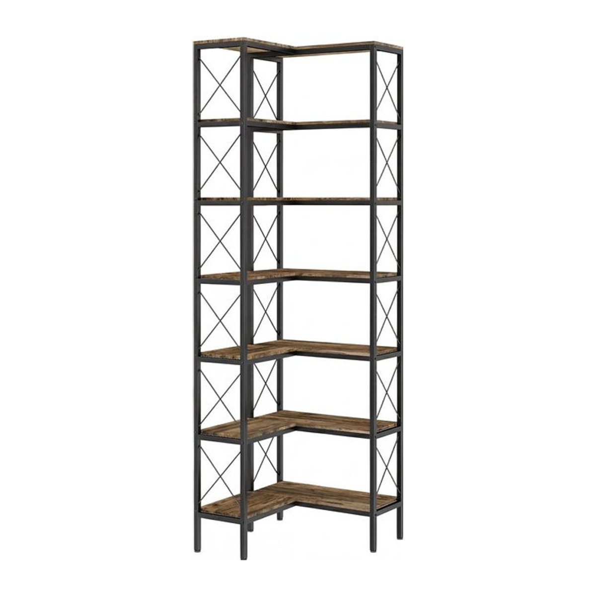 HOMCOM 6-stufiges Eckregal im Industrial Design, L-förmiges Bücherregal aus Metall und Holzwerkstoff, freistehend, Braun, B/T/H: 60 x 60 x 200 cm - Bild 1