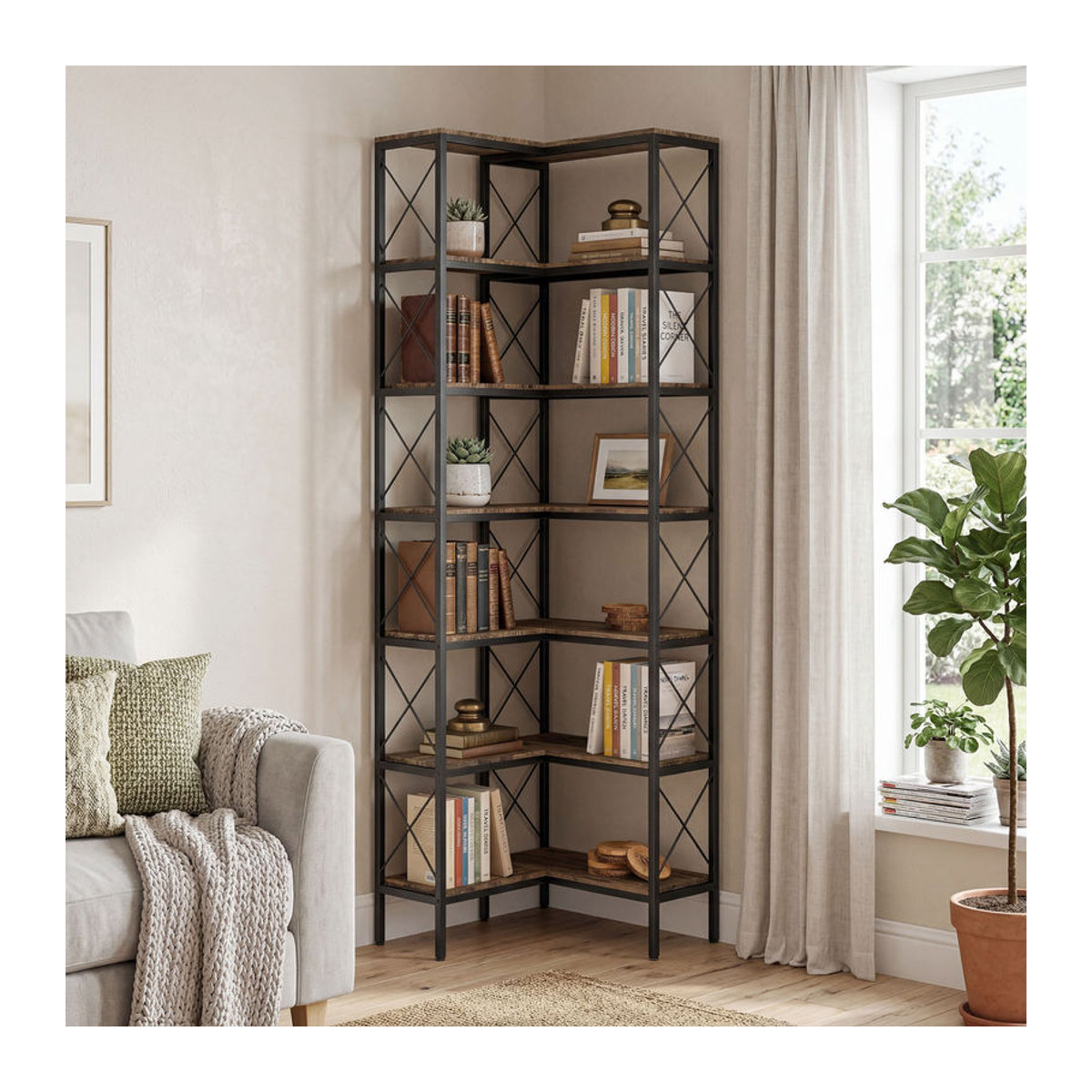 HOMCOM 6-stufiges Eckregal im Industrial Design, L-förmiges Bücherregal aus Metall und Holzwerkstoff, freistehend, Braun, B/T/H: 60 x 60 x 200 cm - Bild 2