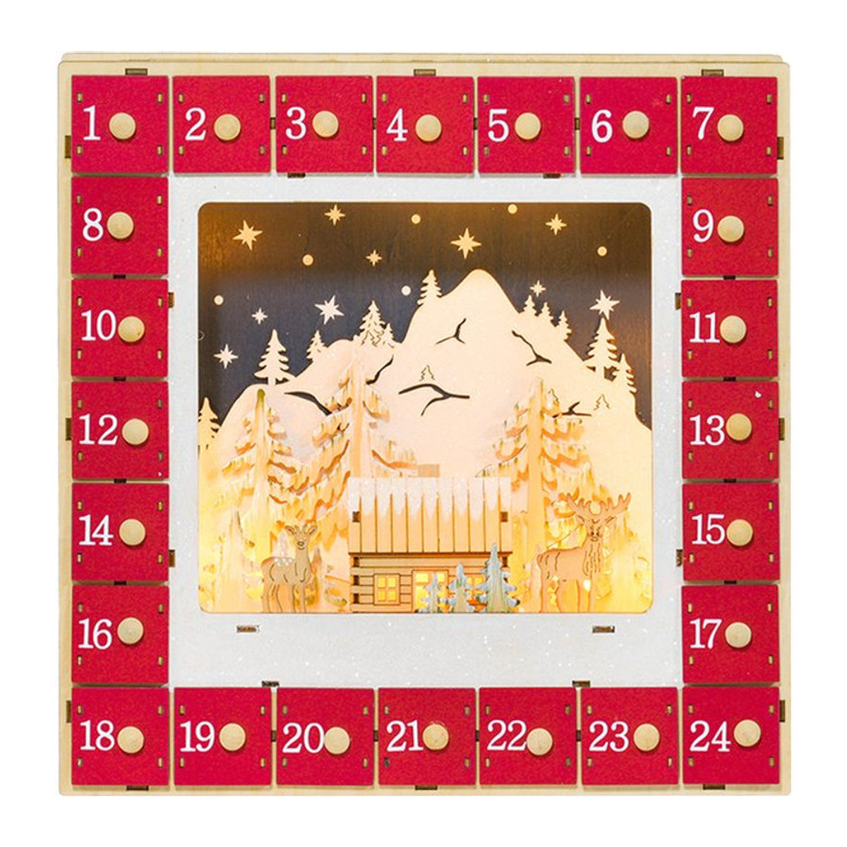 HOMCOM Adventskalender zum Befüllen mit 24 Schubladen und LED-Lichtern aus Holz, Rot, B/H: 34 x 34 cm - Bild 1
