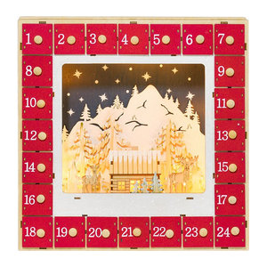 HOMCOM Adventskalender zum Befüllen mit 24 Schubladen und LED-Lichtern aus Holz, Rot, B/H: 34 x 34 cm