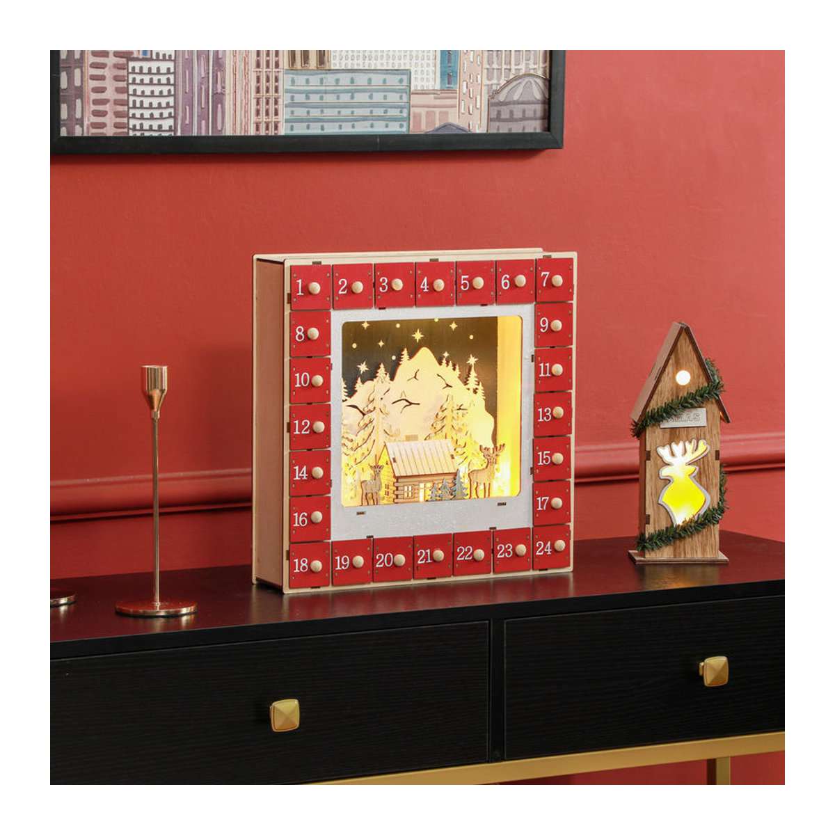 HOMCOM Adventskalender zum Befüllen mit 24 Schubladen und LED-Lichtern aus Holz, Rot, B/H: 34 x 34 cm - Bild 2