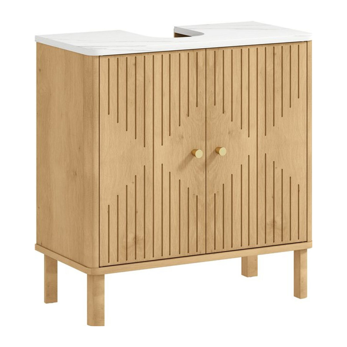 HOMCOM Badezimmerschrank Eiche Natur mit 2 verzierten Drehtüren und Marmor-Effekt-Regal als Waschtischunterschrank - Bild 1